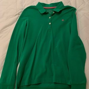 Lilly Pulitzer long sleeve polo shirt with pink palm tree detail, size large